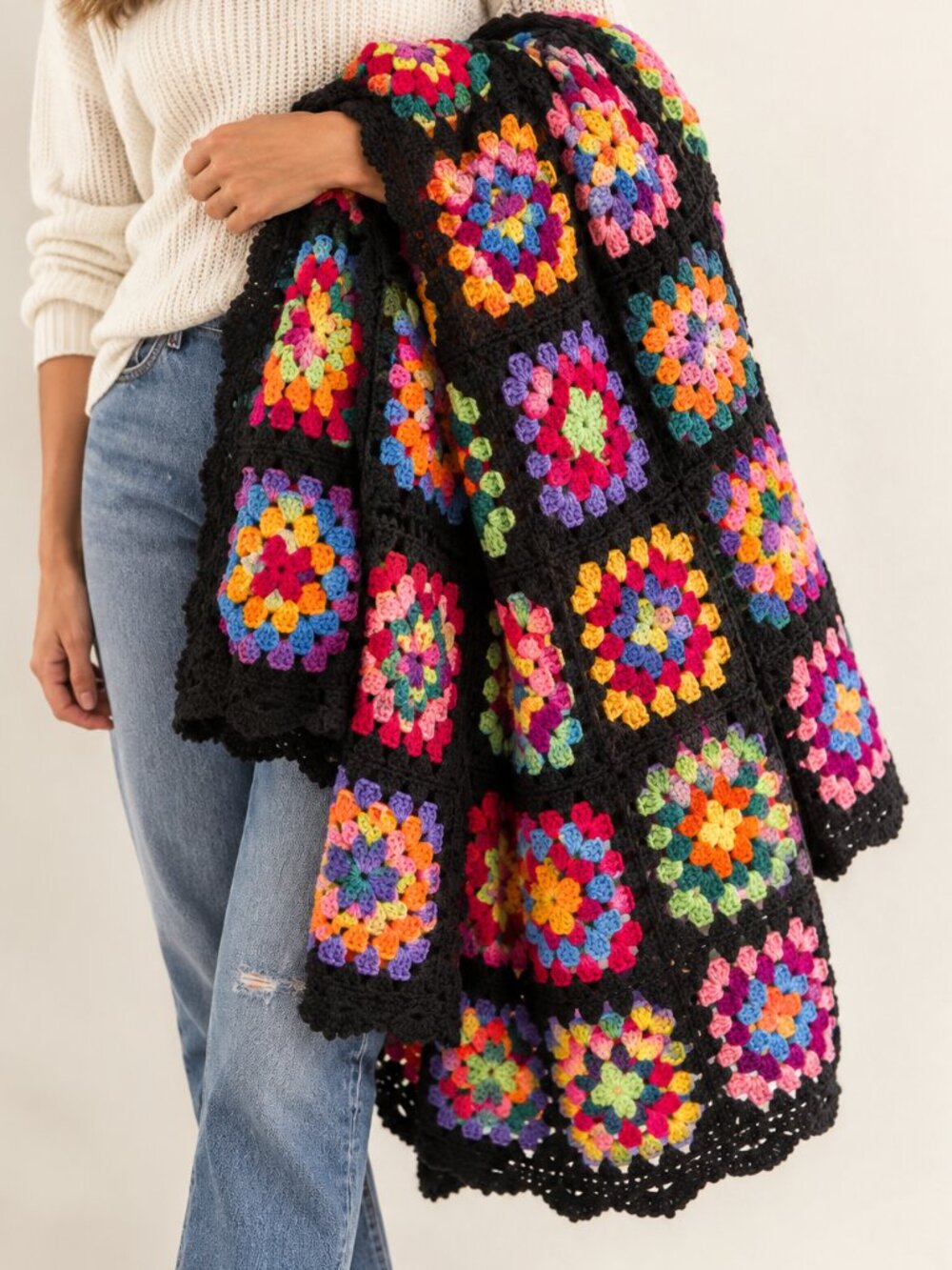 Vintage Granny Square Crochet Throw Blanket Black Multicolor Retro Boho 52 x 66